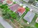 Backyard features trampoline, bordered by white fence, in this aerial view of a suburban home at 3526 Warbler Way, Kissimmee, FL 34746