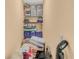 Neatly organized closet with shelves containing a variety of folded items and storage boxes at 3526 Warbler Way, Kissimmee, FL 34746