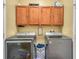 Functional laundry room with front load washer and dryer and storage cabinets at 3526 Warbler Way, Kissimmee, FL 34746