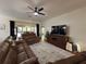 Living room with a large screen television, nice floors and an open view to the patio at 4540 Turnberry Ln, Lake Wales, FL 33859