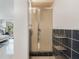 Bathroom with a shower, blue tile accents and a glimpse into a bright living space at 3943 Chambers St, Lake Wales, FL 33898