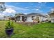 Well-maintained backyard with lush green grass and manicured stone wall accents at 734 Canberra Rd, Winter Haven, FL 33884
