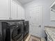 Well-equipped laundry room with modern black washer and dryer set and ample storage space at 1332 Oakmont Dr, Winter Haven, FL 33884