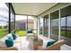 Relaxing screened patio featuring comfortable wicker furniture, a ceiling, and waterfront views at 153 Summershore Dr, Auburndale, FL 33823