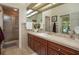 Bathroom featuring cherry cabinets, tile countertops, a walk-in shower, and a view of the pool at 2506 Partridge Dr, Winter Haven, FL 33884