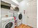 Laundry room featuring modern washer and dryer units, with storage shelves and a closed door at 4073 Sable Loop Dr, Lake Wales, FL 33859
