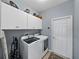 The laundry room has ample storage above the washer and dryer and a door to the garage at 5304 Nicklaus Dr, Winter Haven, FL 33884