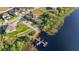 Aerial view of the property with lake access, private dock, lush landscaping and waterfront views at 629 Copeland Dr, Haines City, FL 33844