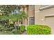 Charming home entrance with a beautiful gray door, complemented by lush landscaping, creating a welcoming ambiance at 7759 Basnett Cir, Kissimmee, FL 34747