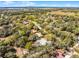 Aerial view featuring a home enveloped by mature trees, within a verdant landscape, and a community pool nearby at 3614 Twisted Oak Ct, Lake Wales, FL 33898