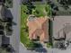 Aerial view of home in a neighborhood featuring a private screened pool, manicured lawns, and mature landscaping at 4232 Roebelenii Dr, Lake Wales, FL 33859