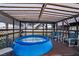 Covered outdoor patio showcasing an above ground pool and comfortable seating arrangements at 625 Hatchwood Dr, Haines City, FL 33844