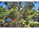Lush backyard showcasing mature trees, a charming patio with colorful umbrella, and a tranquil water feature at 200 El Camino Dr # 202, Winter Haven, FL 33884