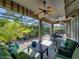 Relax on the covered patio with plush seating, lush plants, and views of the screened pool and backyard oasis at 4485 Turnberry Ln, Lake Wales, FL 33859