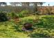 Landscaped backyard featuring green grass, mature plants, a fire pit, and two chairs at 633 Hart Lake Dr, Winter Haven, FL 33884