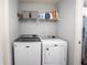 Bright laundry room features modern, front load washer and dryer with storage shelving above at 1108 Zion Dr, Haines City, FL 33844