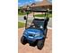 A clean, blue golf cart with black seats sitting on a paver driveway at 1124 Sawgrass Dr, Winter Haven, FL 33884