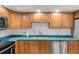 Close-up of stainless steel kitchen sink and countertops with tiled backsplash at 4016 Cypress S Lndg, Winter Haven, FL 33884