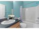 Bathroom featuring a blue accent wall, single sink vanity, and bathtub at 438 Monroe Cir, Davenport, FL 33896