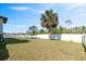 Large fenced backyard with mature trees, a shed, and open space, ideal for outdoor activities and privacy at 747 Fraser Ct, Kissimmee, FL 34759