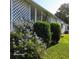 Landscaped exterior featuring blue flowers, lush greenery, white lattice, and well-maintained siding on a sunny day at 167 Bonnie Dr, Auburndale, FL 33823