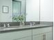 Bright bathroom featuring a double sink vanity with gray countertop and white cabinets at 169 Summershore Dr, Auburndale, FL 33823