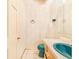 Small powder room features a blue toilet and sink and cream-colored tiled floors at 2750 W Lake Hamilton Dr, Winter Haven, FL 33881