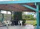 Covered patio with blue trim, white chairs, black trash receptacles, and an RV parked in the background at 6107 Grand Oaks Se Dr, Winter Haven, FL 33884
