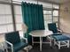 A sunroom with a white table, two striped cushioned chairs, a footstool, and vertical blinds at 6107 Grand Oaks Se Dr, Winter Haven, FL 33884