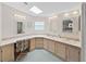 Bright bathroom featuring a skylight, double sinks, and counter space at 1746 Fox Hill Dr, Lakeland, FL 33810