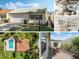 Real estate collage featuring home's front exterior, dining room, living room, patio and aerial view of pool at 259 Mariposa, Winter Haven, FL 33884