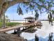 Private boat dock featuring a covered boat lift and seating, perfect for enjoying waterfront activities at 3826 Gaines Ct, Winter Haven, FL 33884