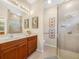 Bathroom showcases a glass shower, wood vanity, and a well-lit mirror at 4148 Dunmore Dr, Lake Wales, FL 33859