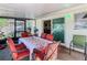 Enclosed patio with a table and chairs outside sliding glass doors, offering a comfortable outdoor space at 711 Lake Dexter Cir, Winter Haven, FL 33884