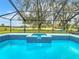 Lovely blue tiled pool and spa with a screened-in enclosure surrounded by verdant greenery at 157 Golf Aire Blvd, Haines City, FL 33844