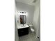 Half bathroom with shiplap walls, a modern vanity, square mirror, and stylish patterned tile at 1787 Lakehill Dr, Winter Haven, FL 33884