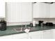 Close-up on a well-organized kitchen sink with a double basin, appliances, and countertop accessories; complemented by white cabinets at 662 Orista Dr, Davenport, FL 33897