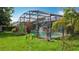 Inviting screened-in pool with tropical landscaping, perfect for outdoor relaxation and entertaining at 716 Maderia Ct, Kissimmee, FL 34758