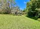 Large yard space with mature palm trees and established landscaping with beautiful blue sky above at 14 Cypress Run, Haines City, FL 33844