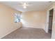 A cozy bedroom features a ceiling fan, neutral carpet, and natural light from the large window at 1550 11Th Ne St # E7, Winter Haven, FL 33881