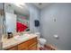 Bathroom featuring a single sink vanity and a piano-themed shower curtain at 1055 Sunshine Sw Way, Winter Haven, FL 33880