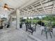 Covered patio is furnished with plentiful seating and ceiling fans; adjacent to a pet enclosure and serene backyard at 1850 S Lake Reedy Blvd, Frostproof, FL 33843