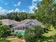 Aerial shot of the backyard showcasing a screened-in pool and mature landscaping at 1902 Southern Dunes Blvd, Haines City, FL 33844