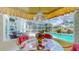Serene screened-in pool area with colorful flowers, blending dining with the outdoor landscape and pool at 1902 Southern Dunes Blvd, Haines City, FL 33844