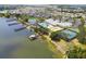 Aerial view of lakefront community center amenities including a pool, tennis courts and waterfront views at 2980 Dayton Dr, Winter Haven, FL 33884