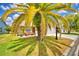 Inviting front yard with lush grass, palm tree casting shadows, and a cozy seating area at 492 Sweetwater Way, Haines City, FL 33844