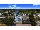 Aerial view of a neighborhood featuring homes with solar panels and screened-in pools near a lake at 110 Minniehaha Cir, Haines City, FL 33844