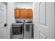 Convenient laundry room with modern washer and dryer units and storage cabinets at 110 Minniehaha Cir, Haines City, FL 33844