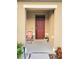 Welcoming entryway featuring a stylish front door, charming floral chair, and decorative potted plants at 1378 Fox Squirrel Dr, Davenport, FL 33897