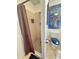 Bathroom featuring mosaic tile shower, toilet with blue cover, and a decorative painting at 195 E Vine St, Bartow, FL 33830